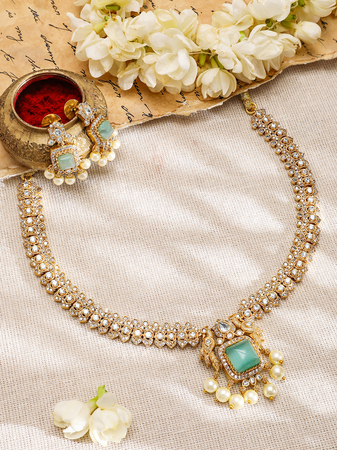 American Diamond Zirconia Green Accented Necklace Set