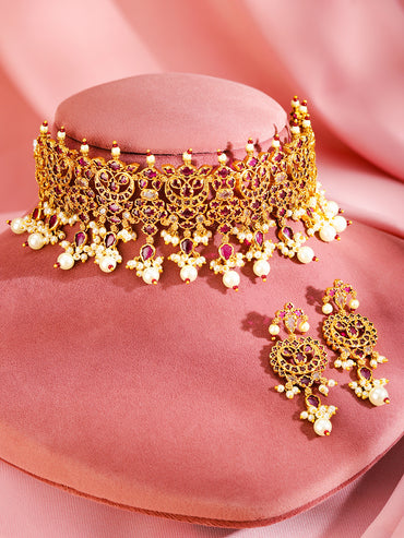 Pink Studded Pearl Beaded Kundan Choker Set