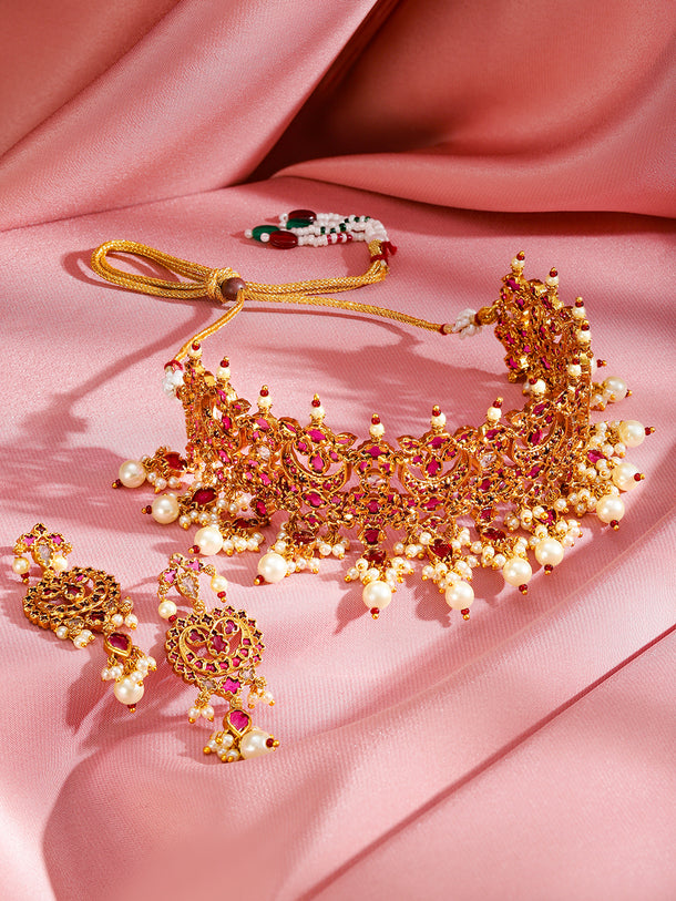 Pink Studded Pearl Beaded Kundan Choker Set