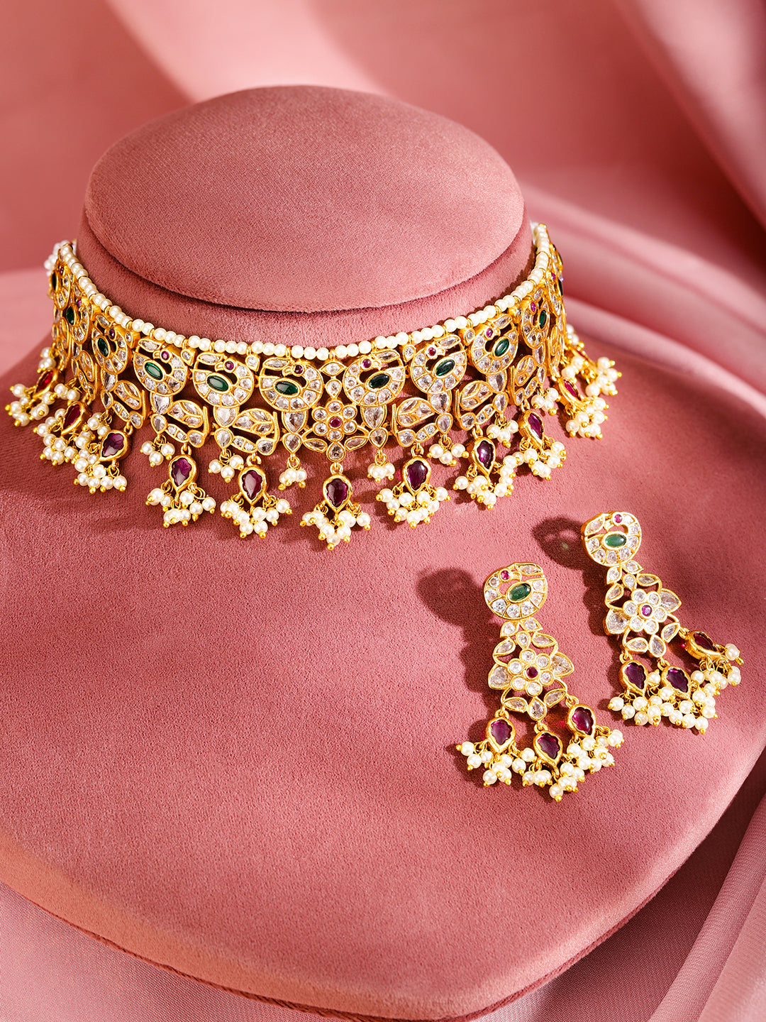 Rubans 24K Gold-Plated Emerald & Ruby Studded Pearl Beaded Handcrafted Choker Necklace Set