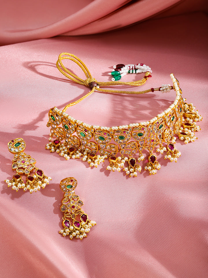 Rubans 24K Gold-Plated Emerald & Ruby Studded Pearl Beaded Handcrafted Choker Necklace Set