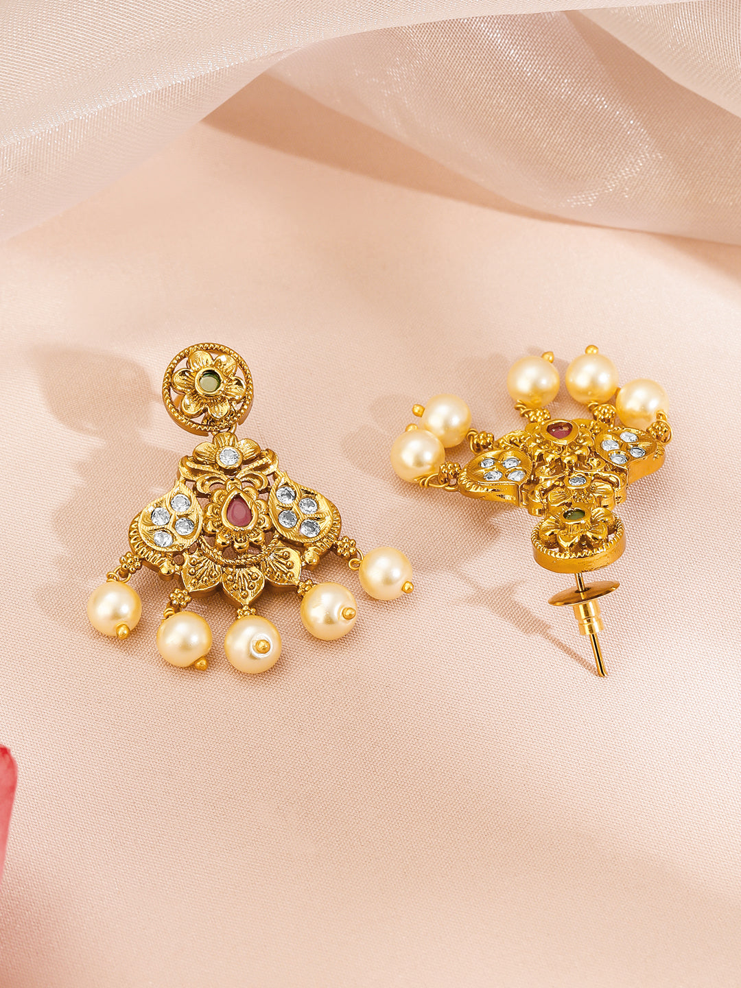 Rubans 22K Gold-Plated Ruby Pink Emerald Green & White Cubic Zirconia Studded Pearl Beaded Traditional Temple Jewellery Set