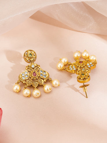 Rubans 22K Gold-Plated Ruby Pink Emerald Green & White Cubic Zirconia Studded Pearl Beaded Traditional Temple Jewellery Set