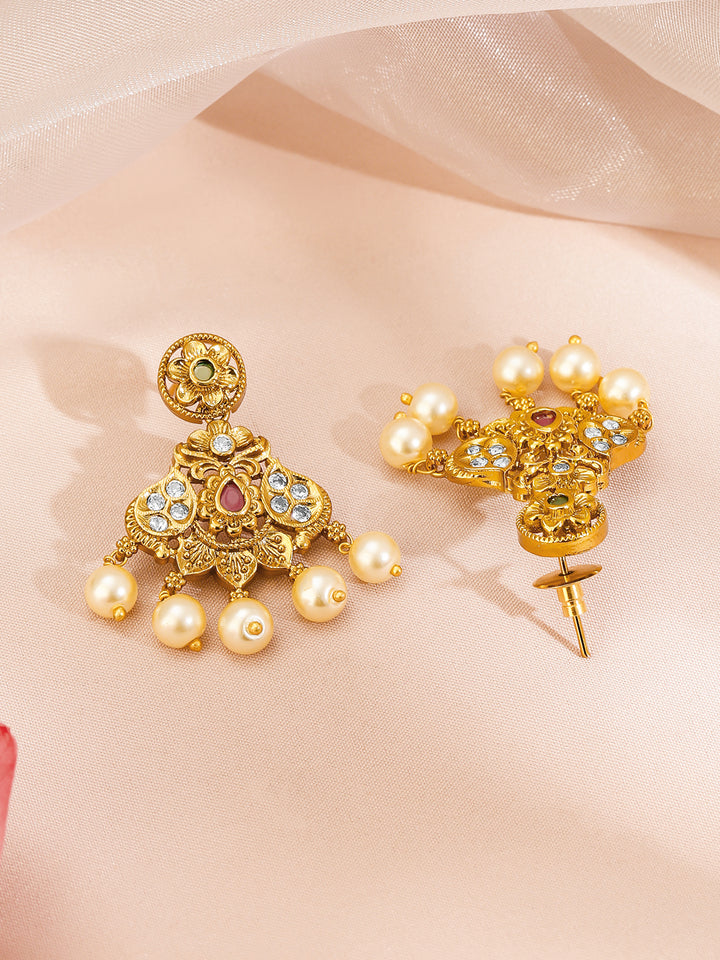 Rubans 22K Gold-Plated Ruby Pink Emerald Green & White Cubic Zirconia Studded Pearl Beaded Traditional Temple Jewellery Set