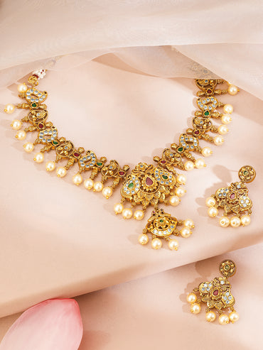 Rubans 22K Gold-Plated Ruby Pink Emerald Green & White Cubic Zirconia Studded Pearl Beaded Traditional Temple Jewellery Set