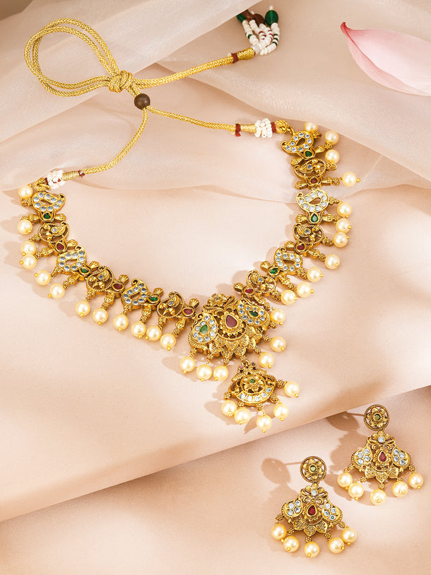 Multicolor Studded Gold Necklace Set With Pearl Drops