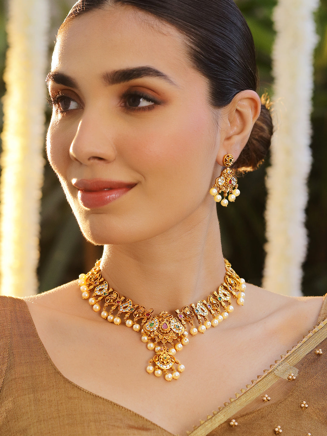 Rubans 22K Gold-Plated Ruby Pink Emerald Green & White Cubic Zirconia Studded Pearl Beaded Traditional Temple Jewellery Set