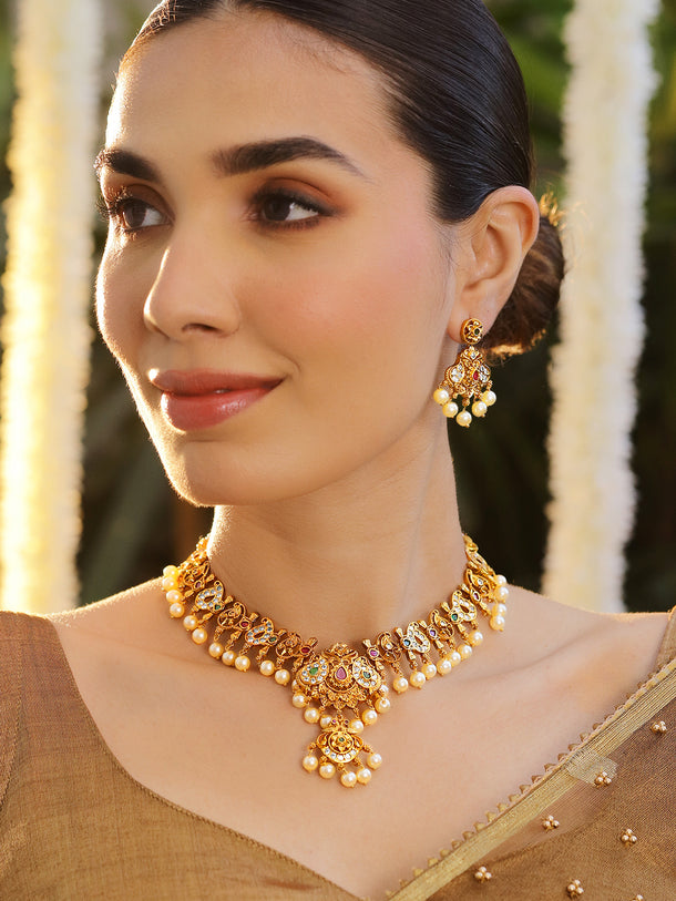 Multicolor Studded Gold Necklace Set With Pearl Drops