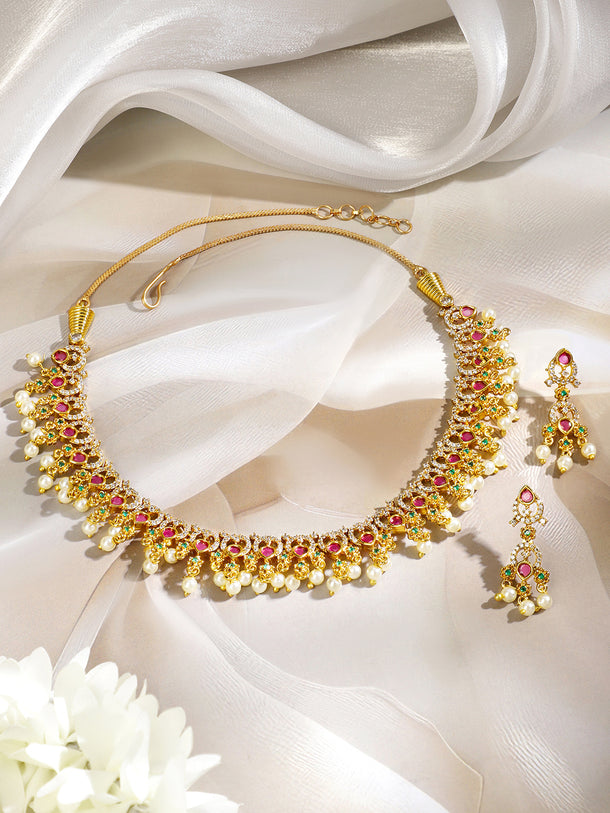 Multicolor Studded American Diamond Zirconia Pearl Necklace Set