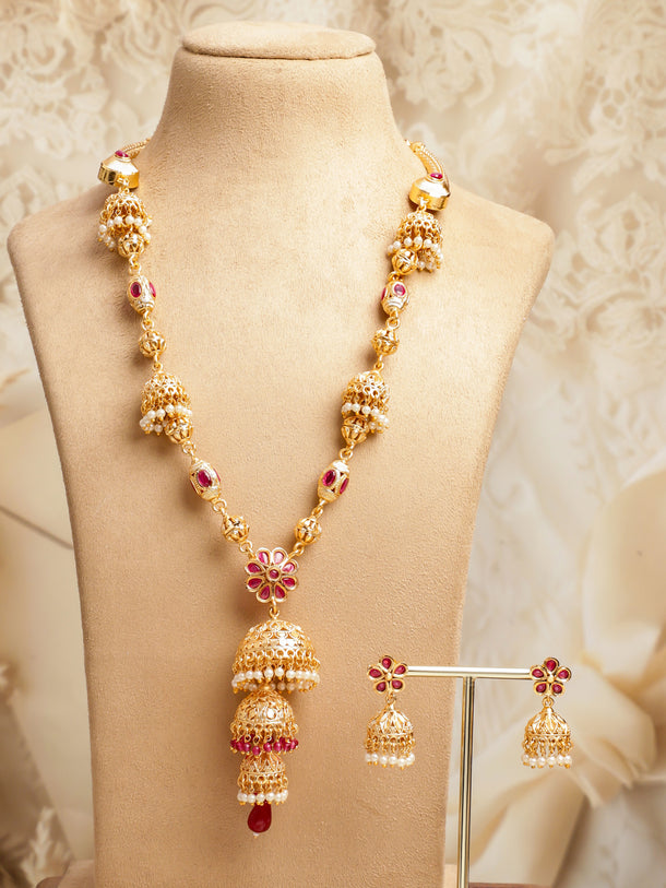 Long Golden Necklace Set With Pearl Drops