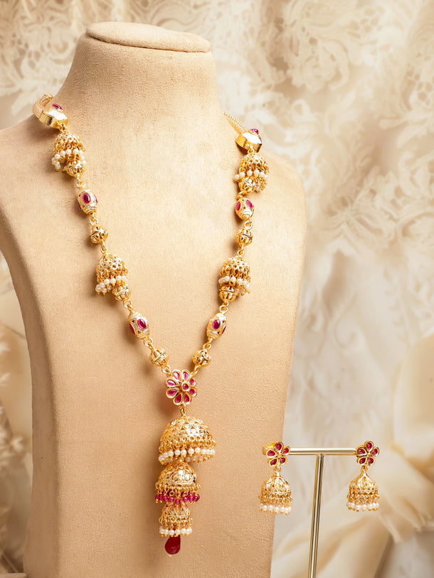 Long Golden Necklace Set With Pearl Drops