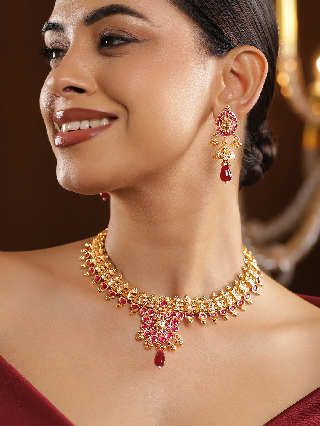 Ruby Studded Temple Necklace Set