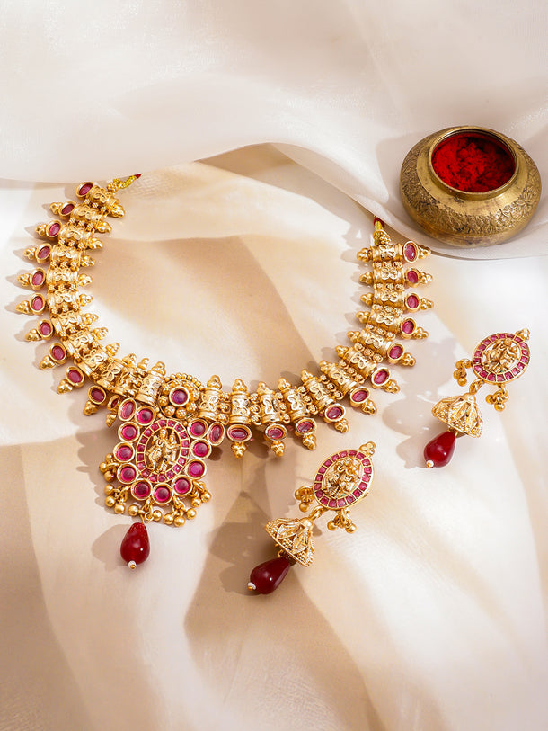 Ruby Studded Temple Necklace Set