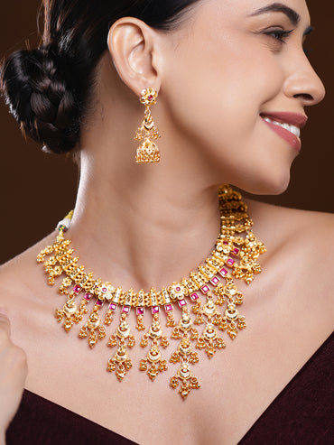 Ruby Studded Gold Beads Layered Necklace Set