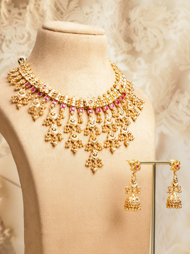 Ruby Studded Gold Beads Layered Necklace Set