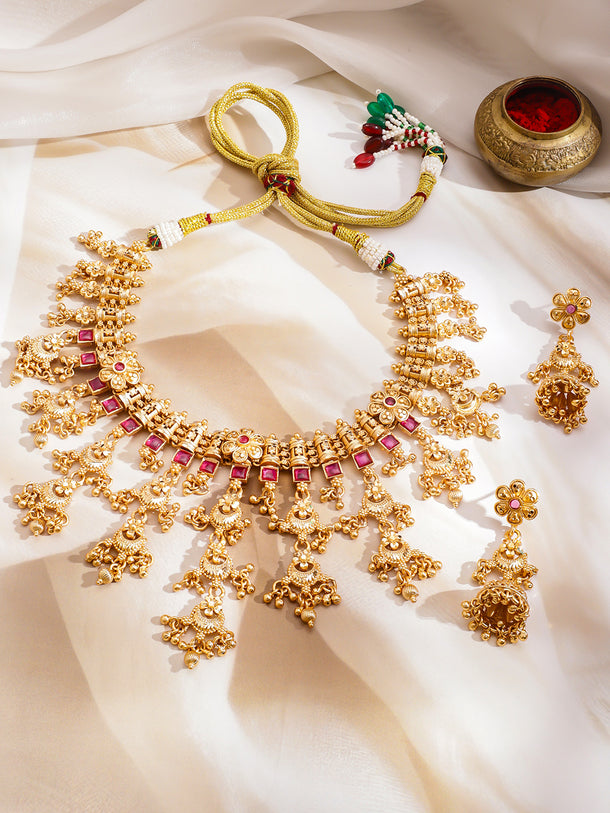 Ruby Studded Gold Beads Layered Necklace Set