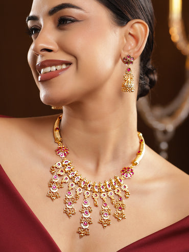 Pink Studded Floral Gold Necklace Set