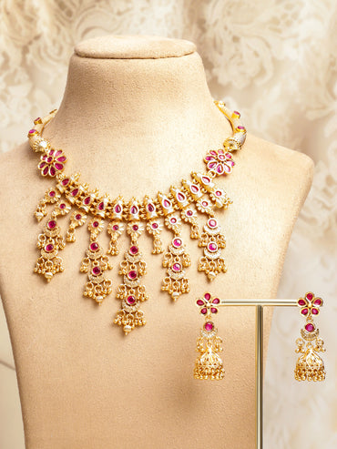 Pink Studded Floral Gold Necklace Set