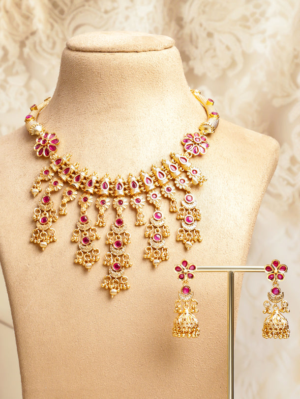 Pink Studded Floral Gold Necklace Set