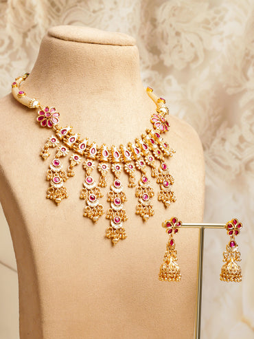 Pink Studded Floral Gold Necklace Set
