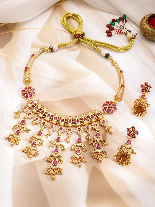Pink Studded Floral Gold Necklace Set