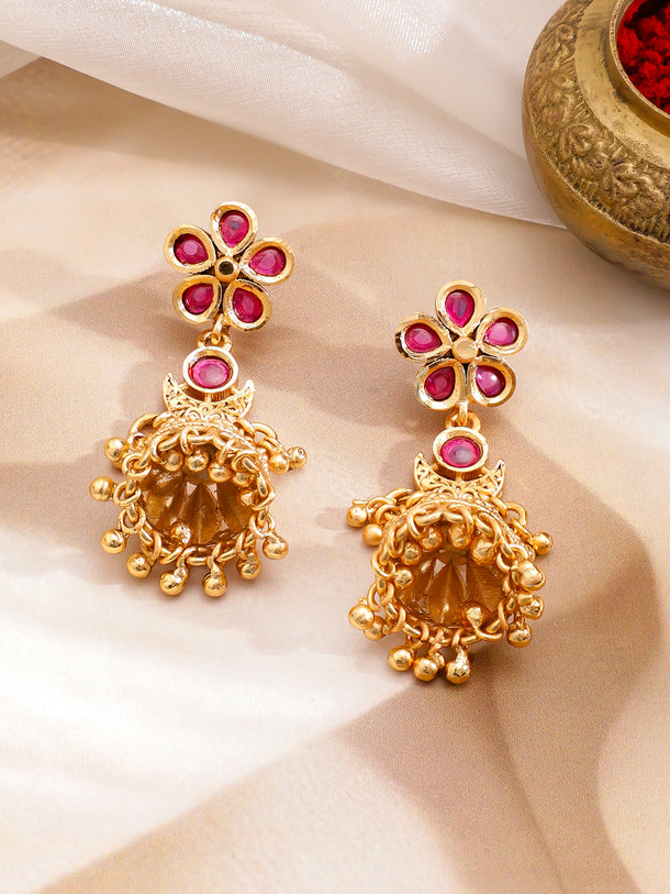 Pink Studded Floral Gold Necklace Set