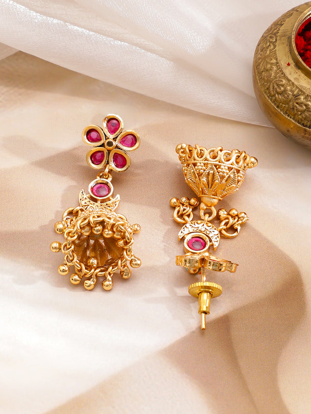 Pink Studded Floral Gold Necklace Set