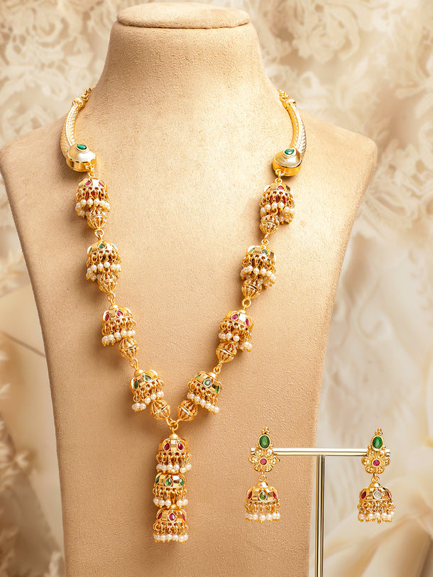 Green & Red Pearl Drop Golden Necklace Set