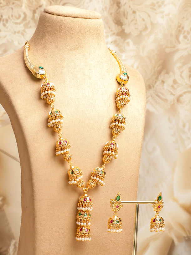 Green & Red Pearl Drop Golden Necklace Set