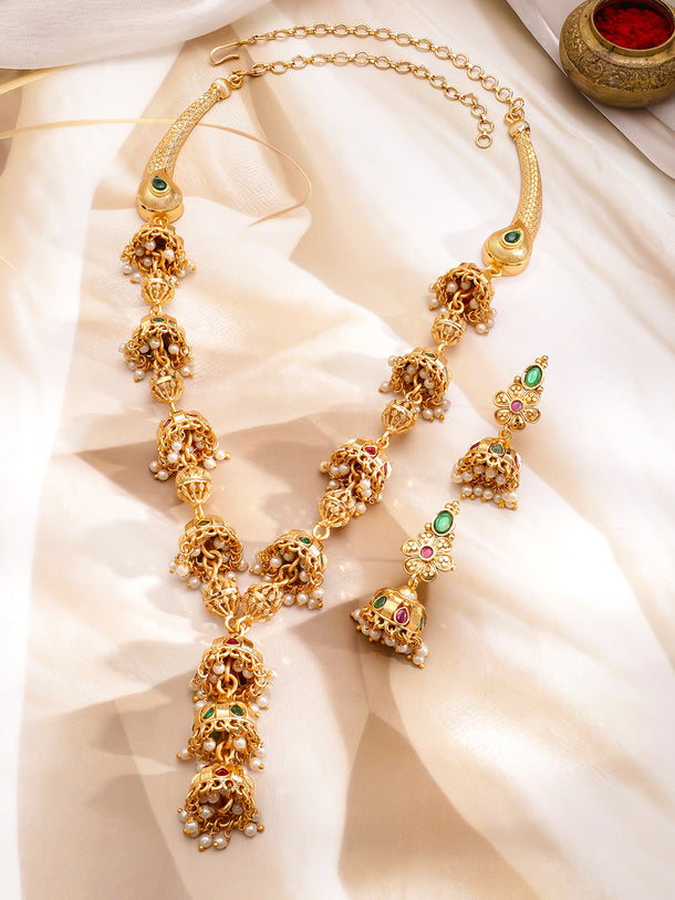 Green & Red Pearl Drop Golden Necklace Set