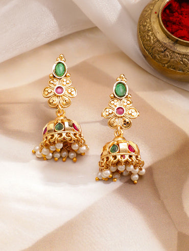 Green & Red Pearl Drop Golden Necklace Set