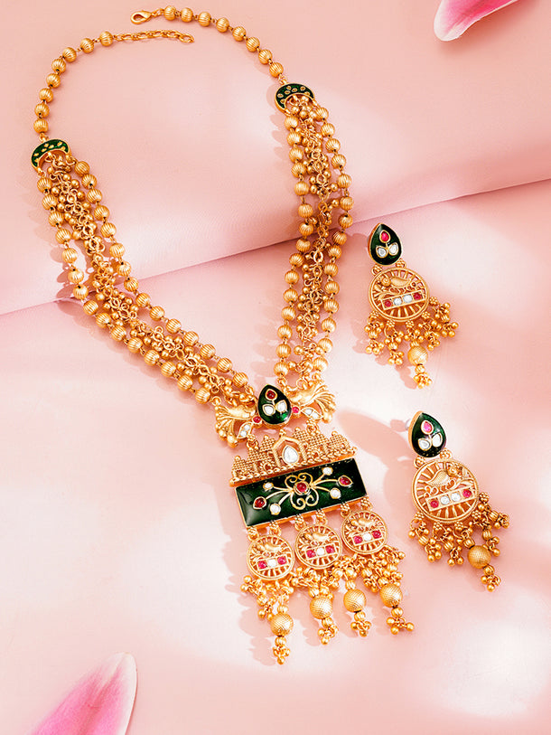 Golden Beaded Traditional Long Necklace Set
