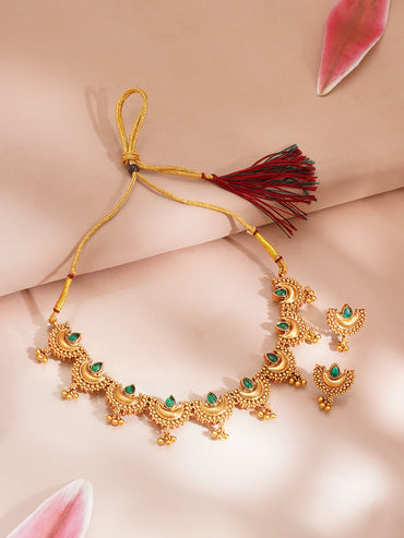 Gold Plated Green Kundan Crescent Moon Choker Necklace Set