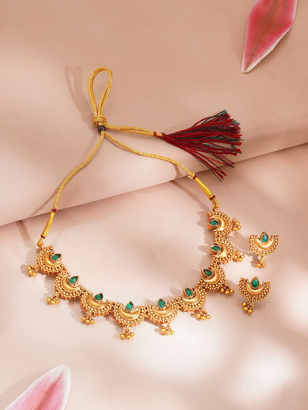 Gold Plated Green Kundan Crescent Moon Choker Necklace Set