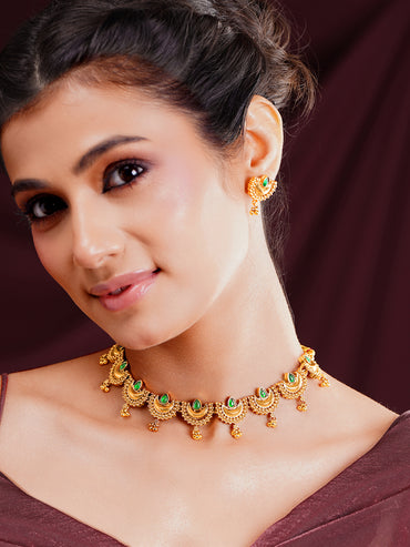 Gold Plated Green Kundan Crescent Moon Choker Necklace Set