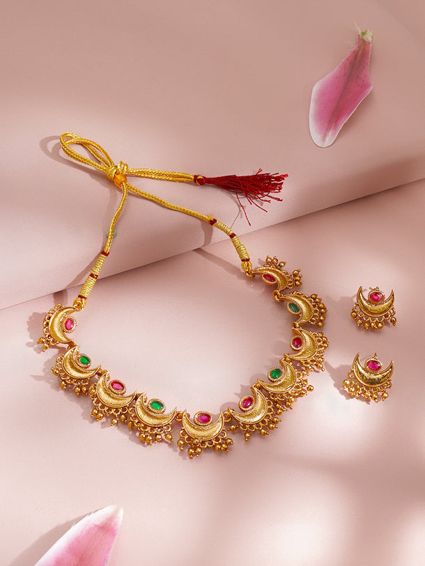 Gold Plated Ruby Crescent Jewellery Set