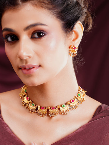 Gold Plated Ruby Crescent Jewellery Set