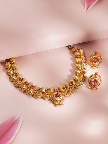 Gold Plated Ruby Bloom Bead Tassel Choker Set