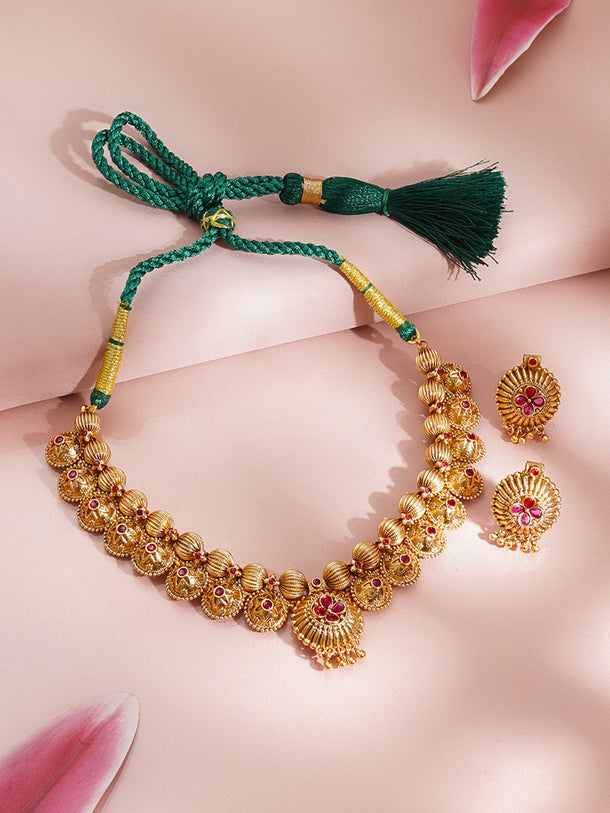 Gold Plated Ruby Bloom Bead Tassel Choker Set
