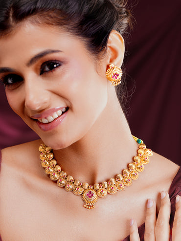 Gold Plated Ruby Bloom Bead Tassel Choker Set