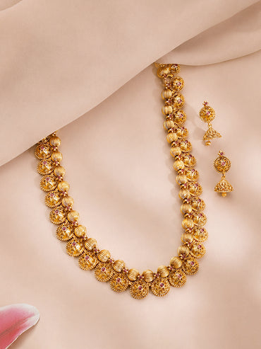 Gold Beaded Traditional Charm Necklace Set