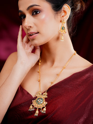 Gold Plated Elephant Motif Kundan Pendant Set