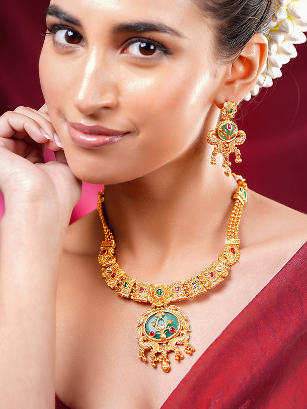 Gold Plated Peacock Motif Floral Design Emerald Gree Necklace Set