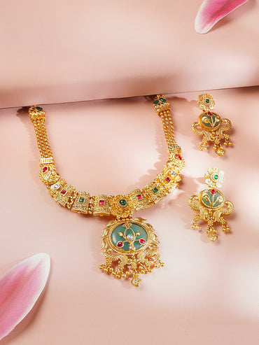 Gold Plated Peacock Motif Floral Design Emerald Gree Necklace Set