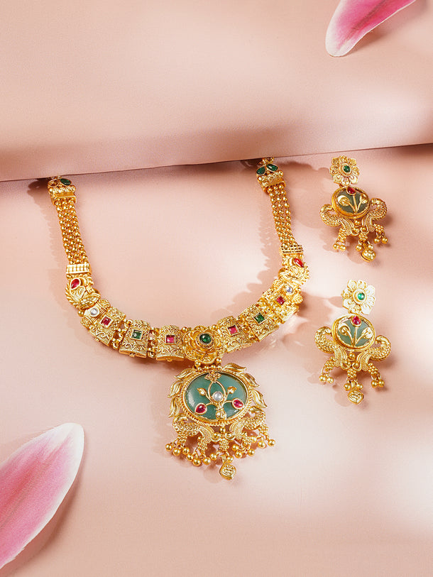 Gold Plated Peacock Motif Floral Design Emerald Gree Necklace Set