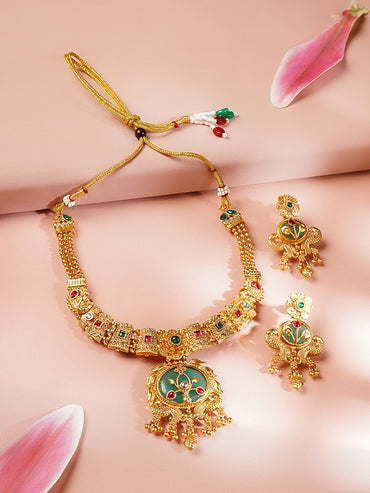 Gold Plated Peacock Motif Floral Design Emerald Gree Necklace Set