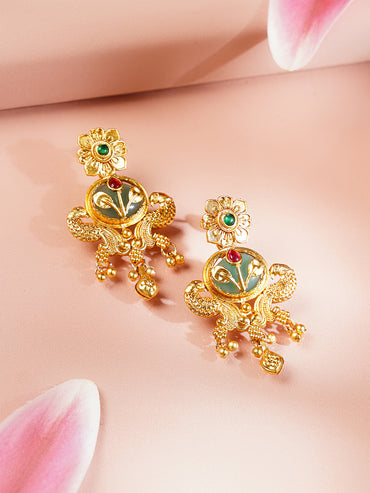 Gold Plated Peacock Motif Floral Design Emerald Gree Necklace Set