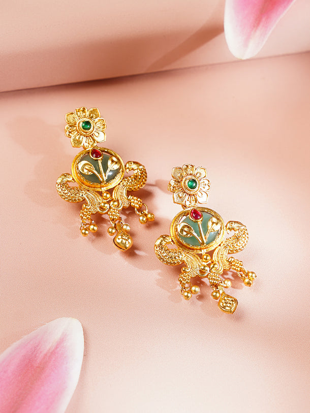 Gold Plated Peacock Motif Floral Design Emerald Gree Necklace Set