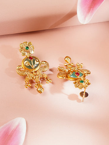 Gold Plated Peacock Motif Floral Design Emerald Gree Necklace Set