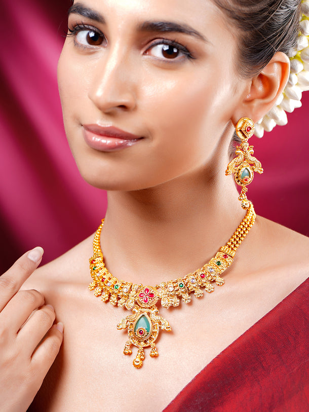 Gold Plated Peacock Motif Floral Necklace Set